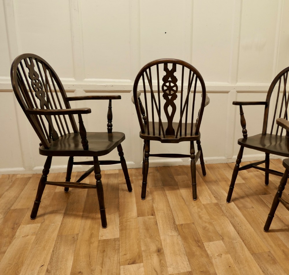 Set of 4 Beech and Elm Wheel Back Carver Chairs View IV