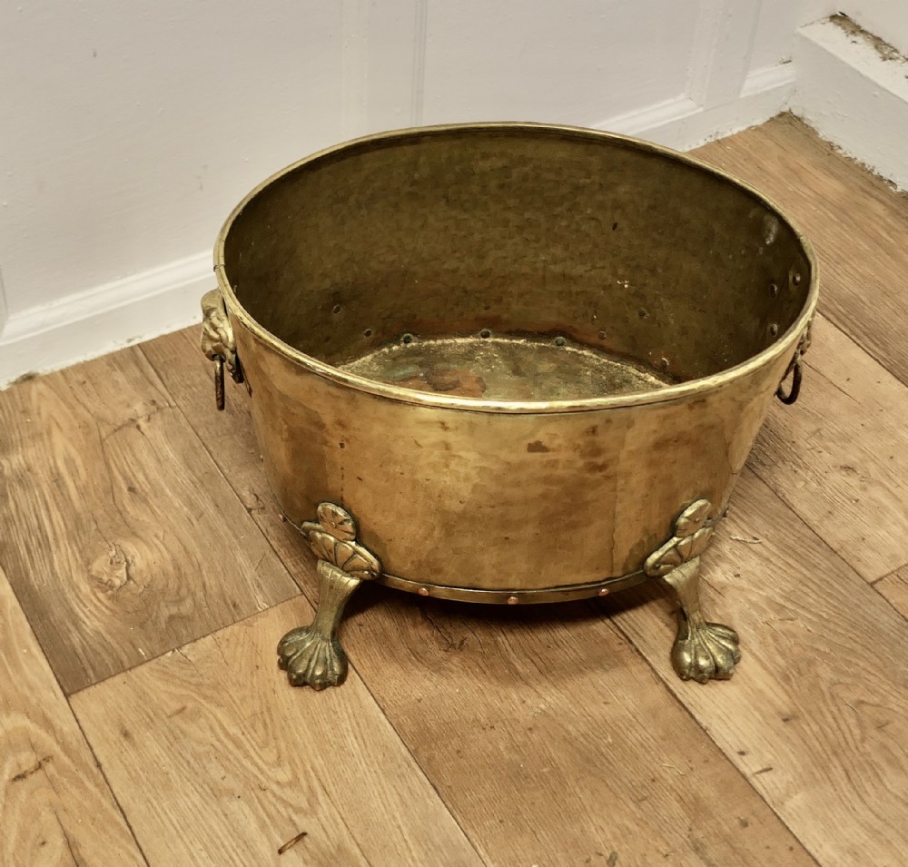 19th Century Oval Brass Lions Mask Log Bin  