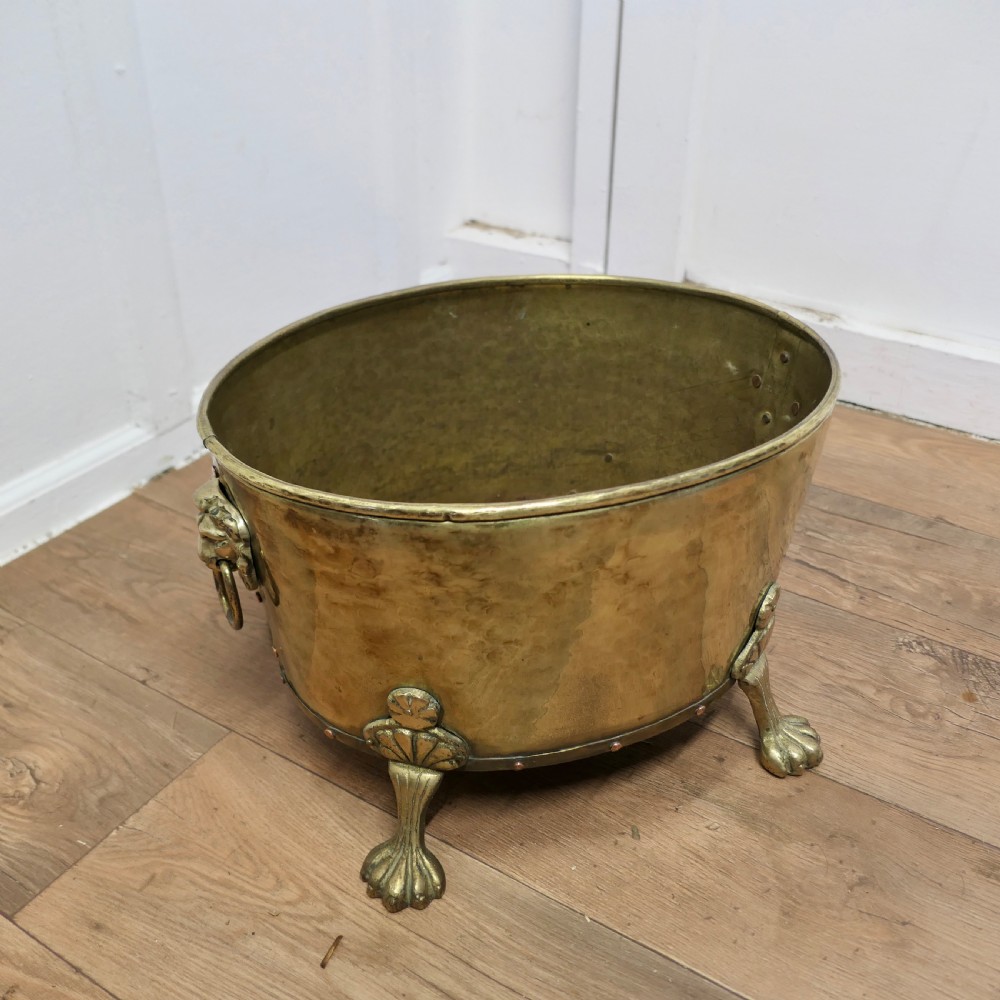 19th Century Oval Brass Lions Mask Log Bin   View III