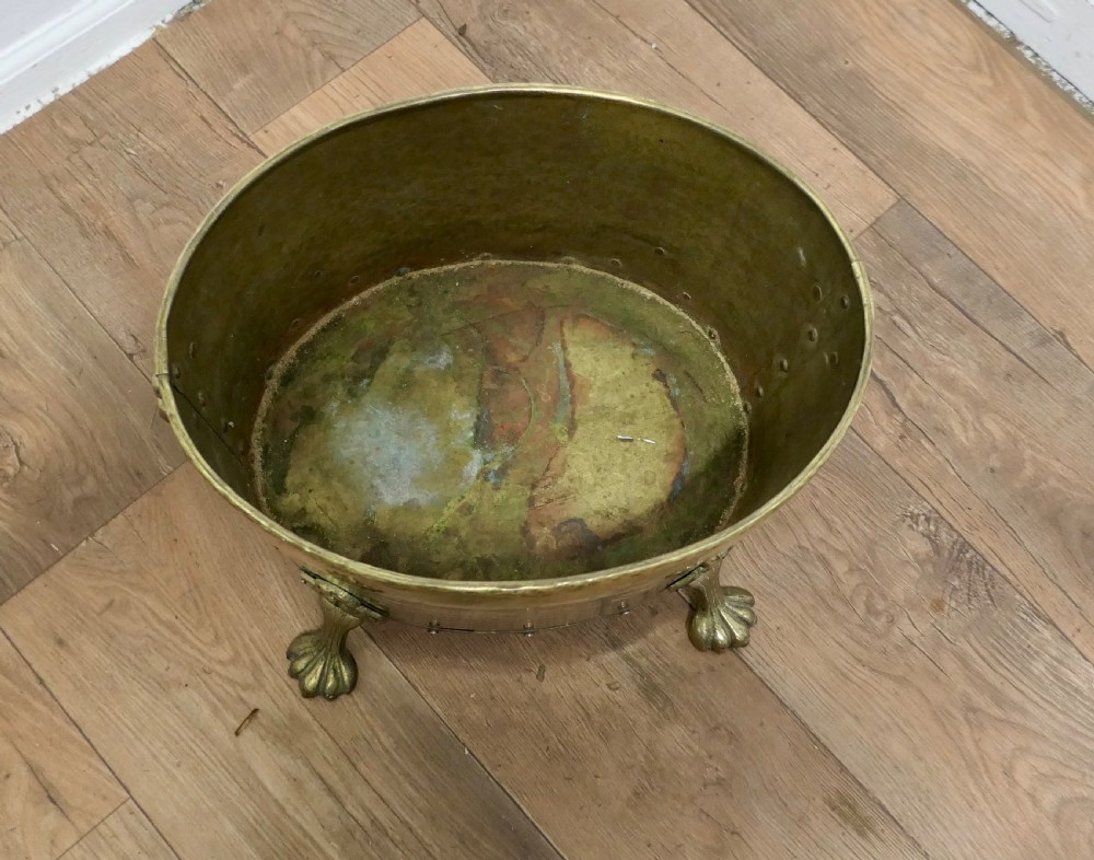 19th Century Oval Brass Lions Mask Log Bin   View VI