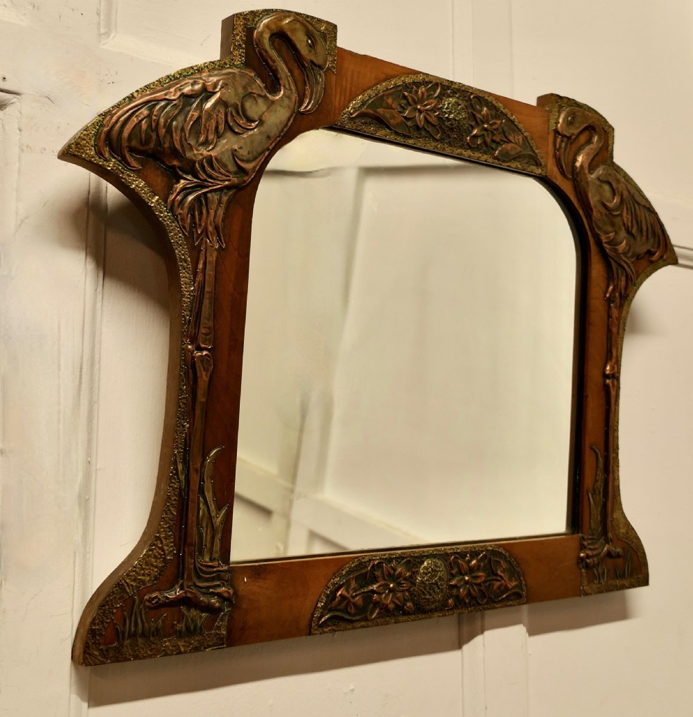 Unusual Arts and Crafts Copper and Brass Mirror with Flamingos 