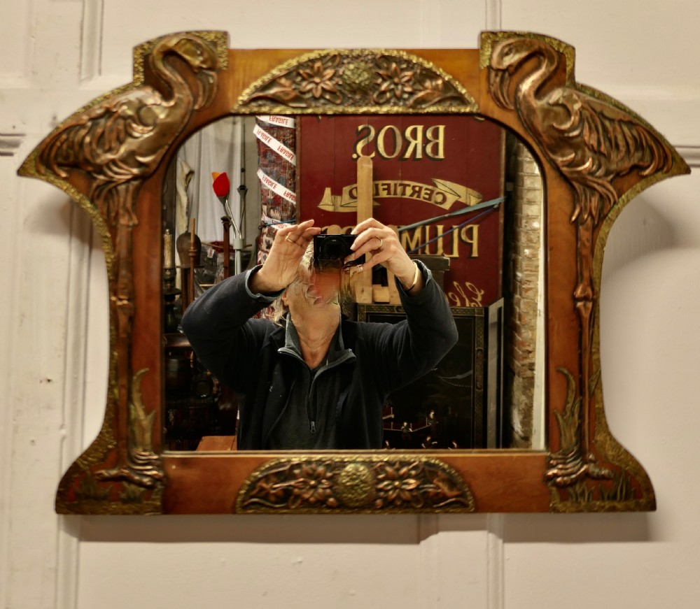 Unusual Arts and Crafts Copper and Brass Mirror with Flamingos  View II