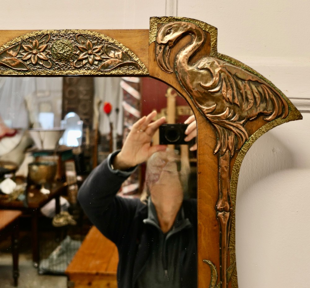 Unusual Arts and Crafts Copper and Brass Mirror with Flamingos  View III