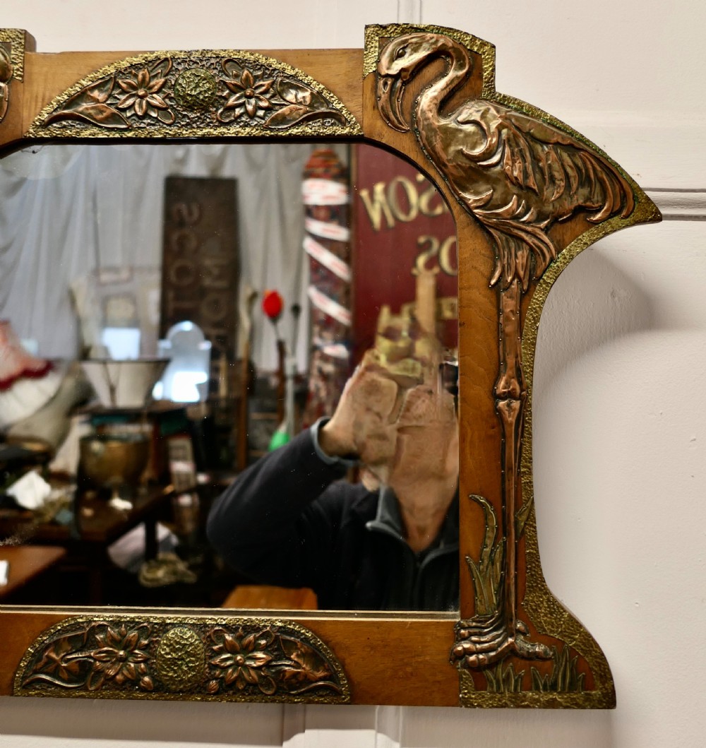 Unusual Arts and Crafts Copper and Brass Mirror with Flamingos  View IV