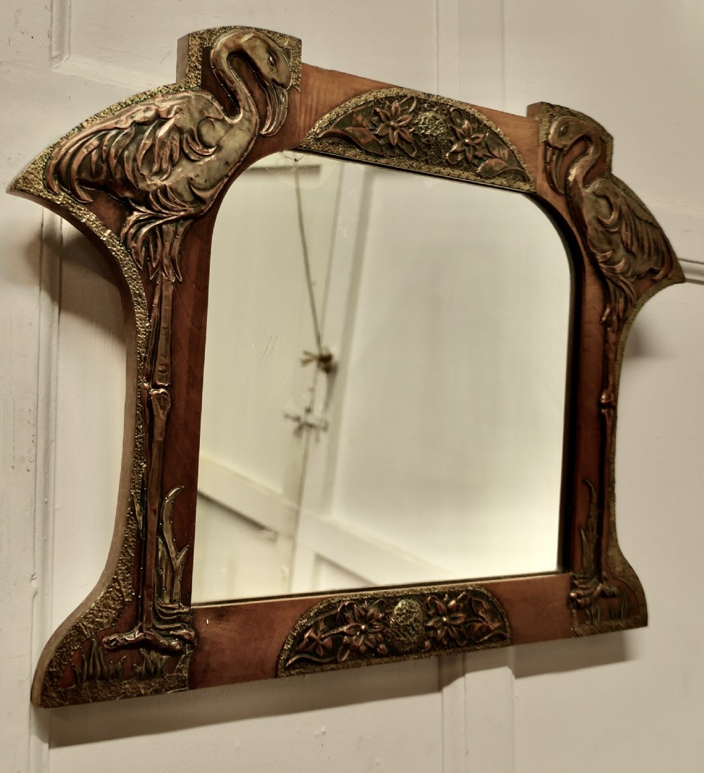 Unusual Arts and Crafts Copper and Brass Mirror with Flamingos  View V
