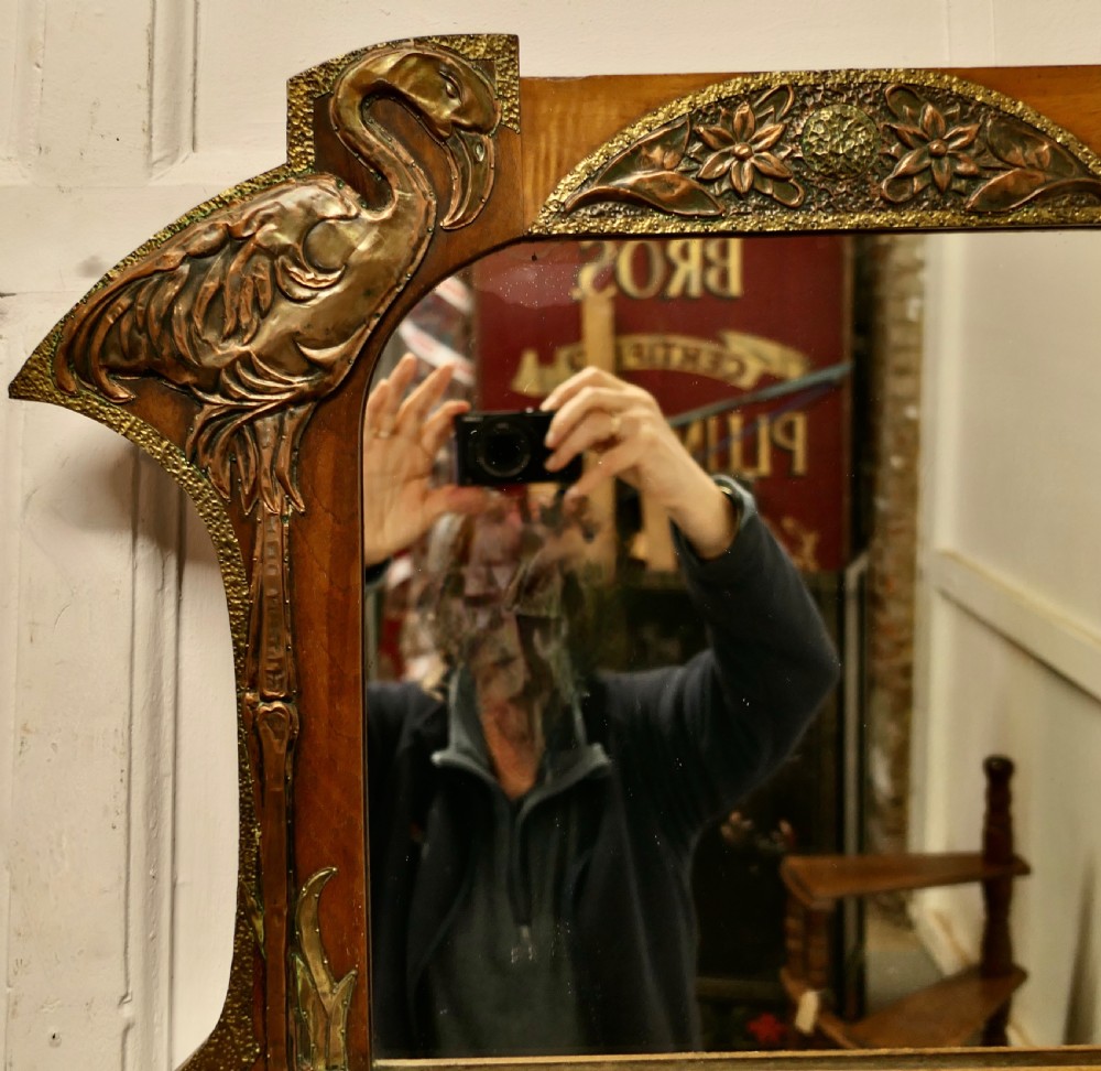 Unusual Arts and Crafts Copper and Brass Mirror with Flamingos  View VI