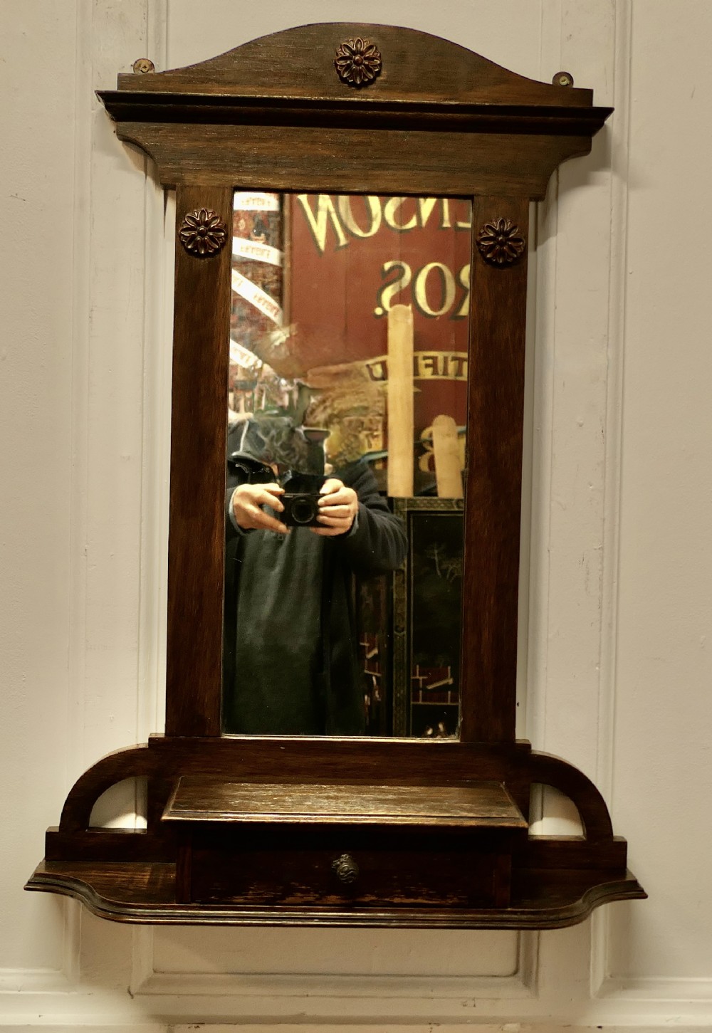 Arts and Crafts Oak Bathroom Wall Mirror with Drawer