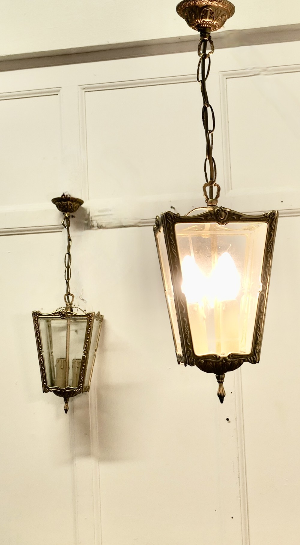 Superb Quality Pair of French Brass and Etched Glass Lanterns  