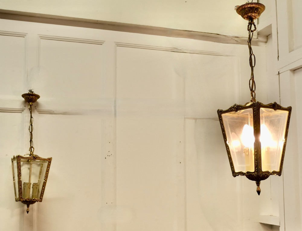 Superb Quality Pair of French Brass and Etched Glass Lanterns   View VIII