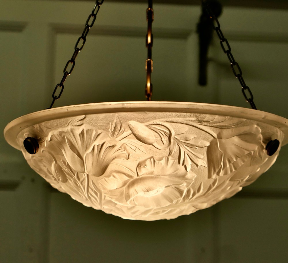 French Art Deco Opaque Glass Ceiling Light with Brass Rose View III