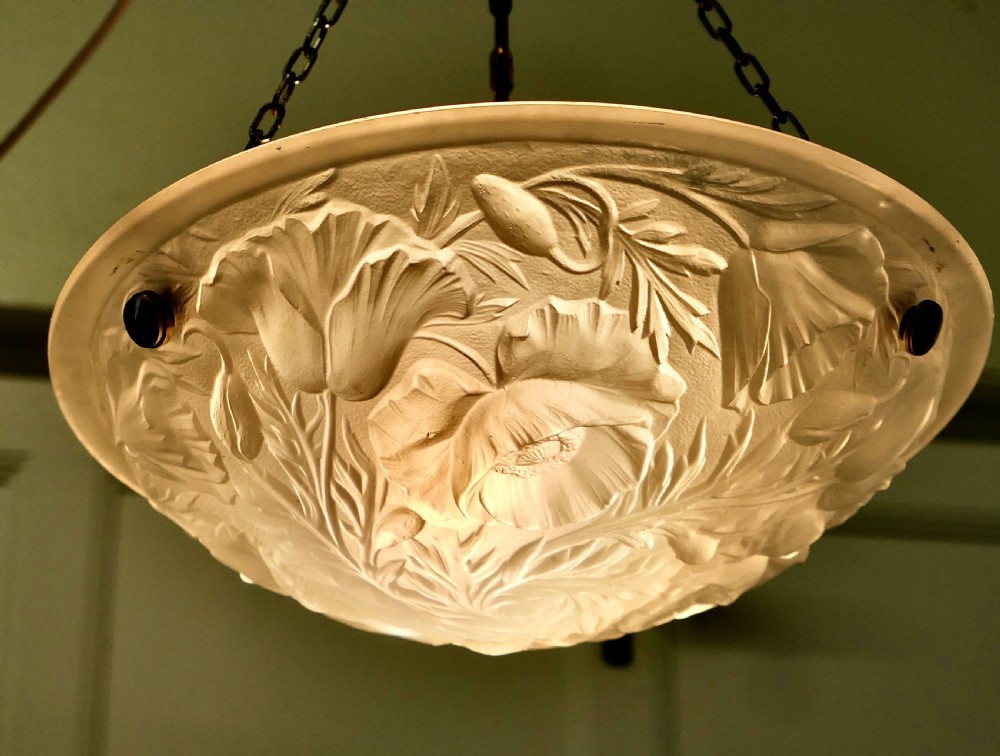 French Art Deco Opaque Glass Ceiling Light with Brass Rose View VII
