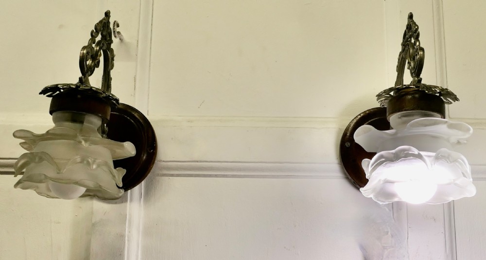 A Pair of French Arts and Crafts Wall Lights with Flower Shades View II
