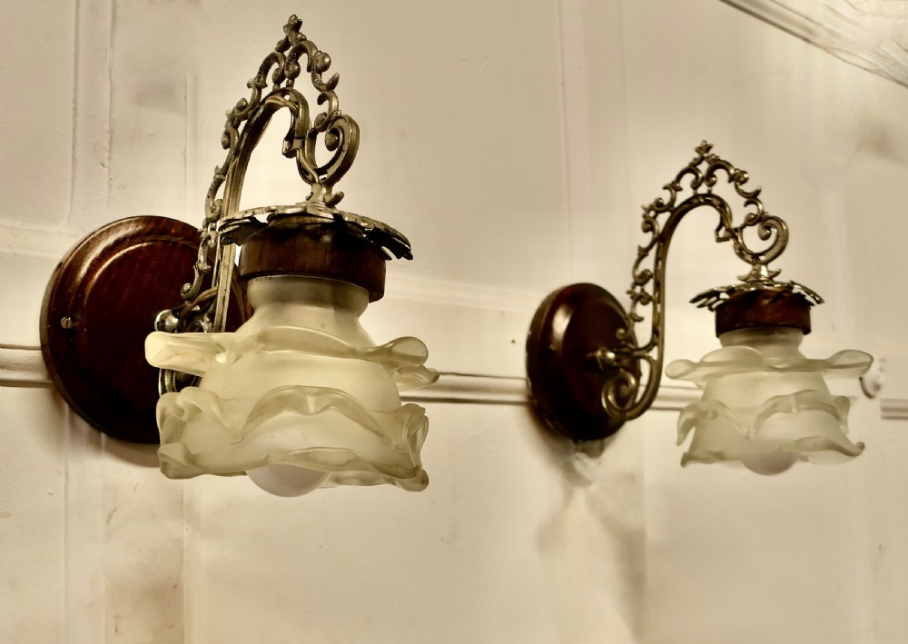 A Pair of French Arts and Crafts Wall Lights with Flower Shades View V
