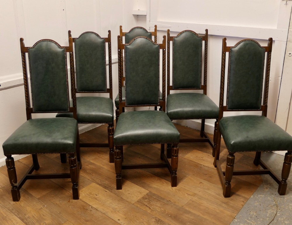 Set of 6 Arts and Crafts Gothic Oak Leather Dining Chairs