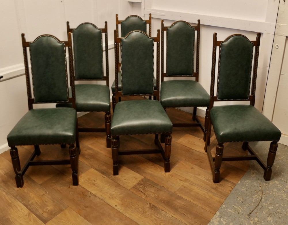 Set of 6 Arts and Crafts Gothic Oak Leather Dining Chairs View II