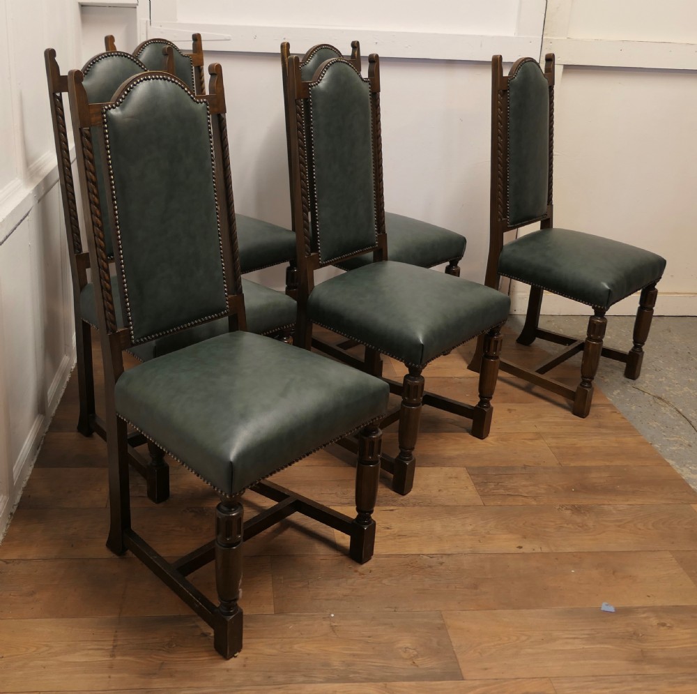 Set of 6 Arts and Crafts Gothic Oak Leather Dining Chairs View III