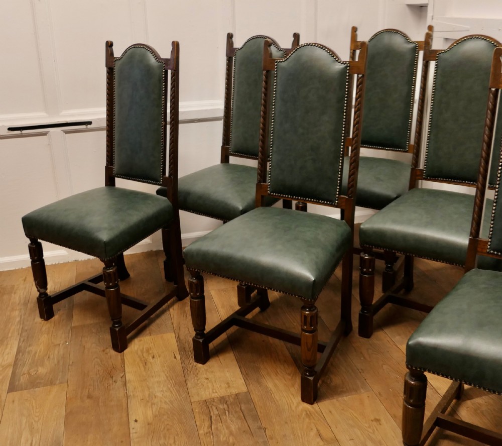 Set of 6 Arts and Crafts Gothic Oak Leather Dining Chairs View IV