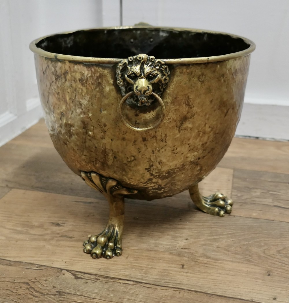 19th Century Beaten Brass Lions Mask Log Bin   View II