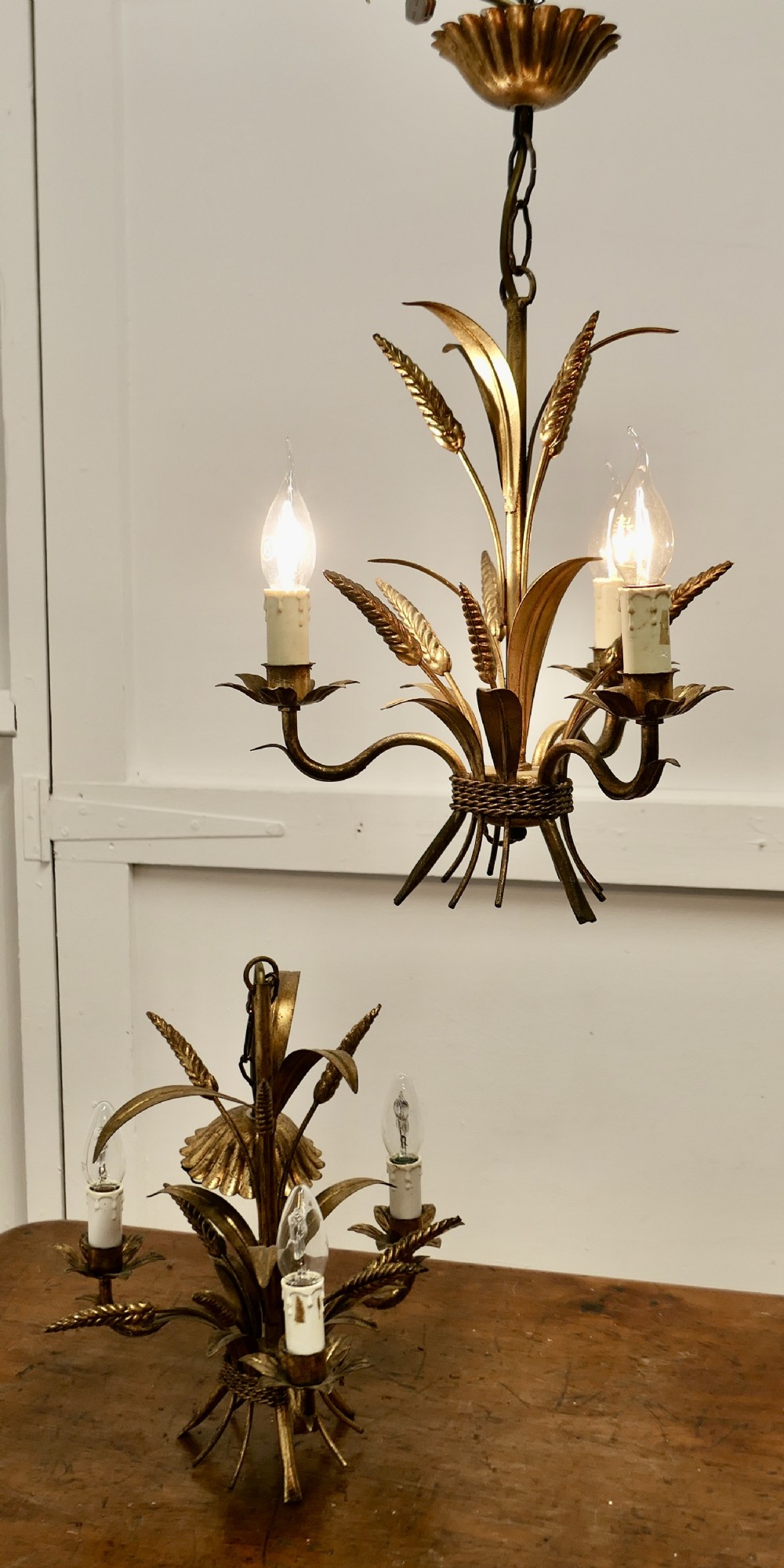 A Pair of Matching French Toleware Gilded Pendant Lights