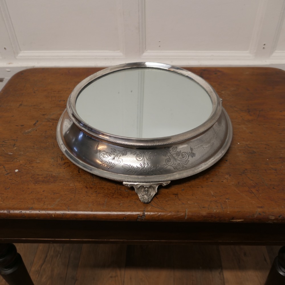 Large Vintage Mirror Top Silver Plate Christmas Cake Stand View II