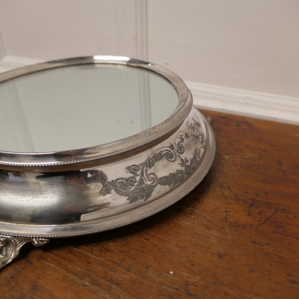 Large Vintage Mirror Top Silver Plate Christmas Cake Stand View IV