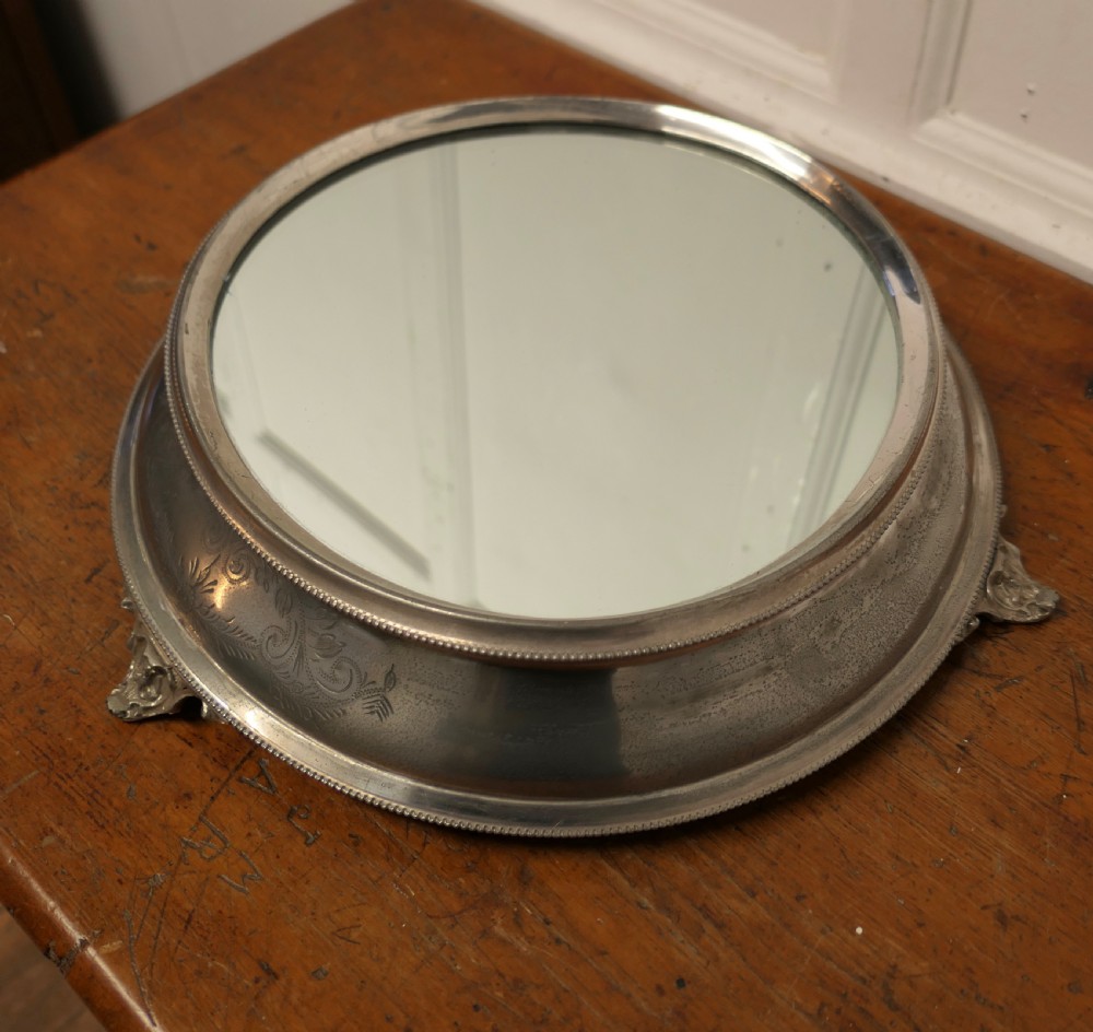 Large Vintage Mirror Top Silver Plate Christmas Cake Stand View VI