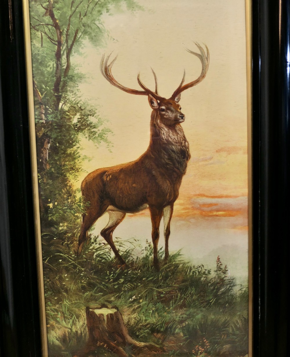 Pair of Large 19th Century Framed Prints of Highland Red Deer Stags View III