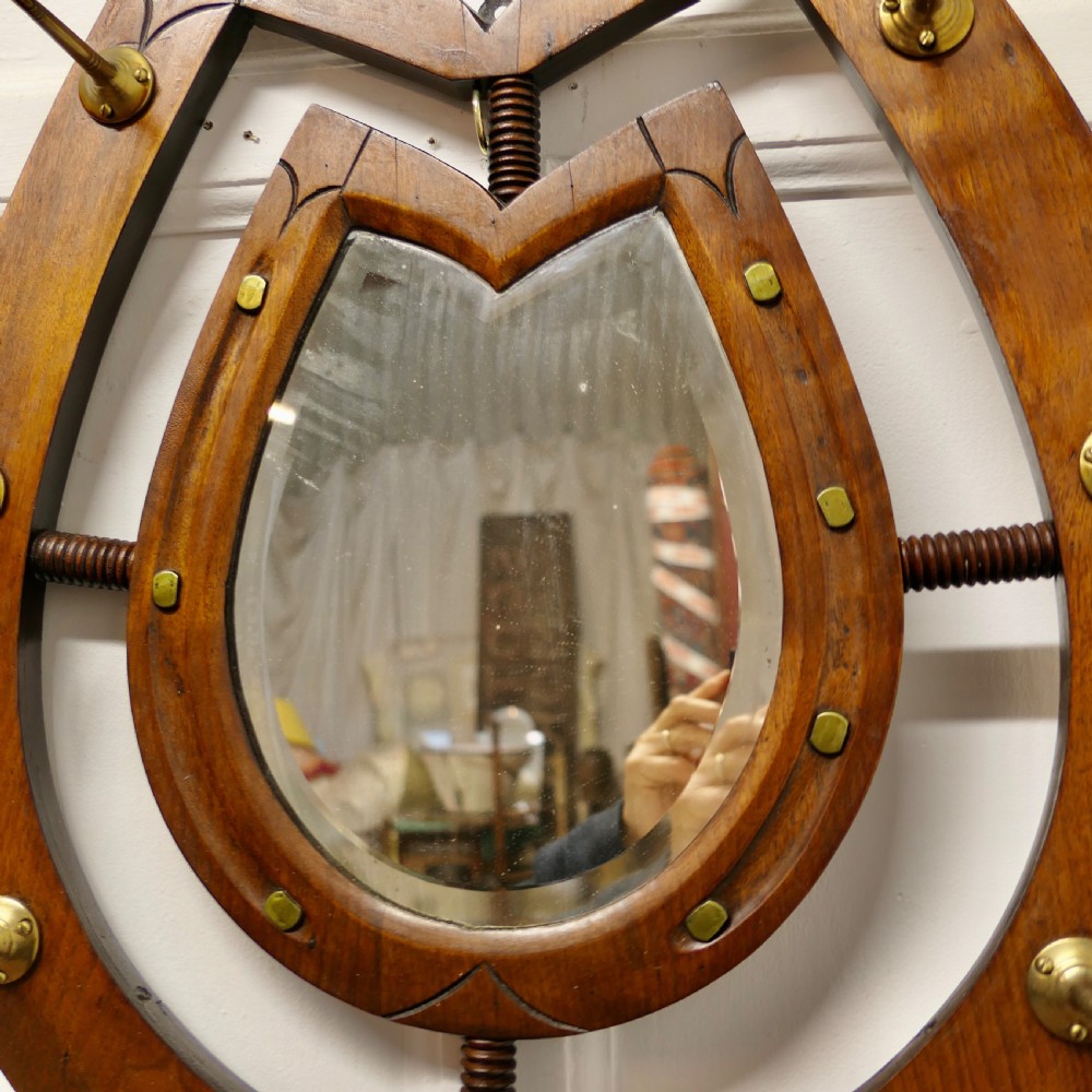 Irish Arts and Crafts Mirrored Horseshoe Coat and Tack Rack  View III
