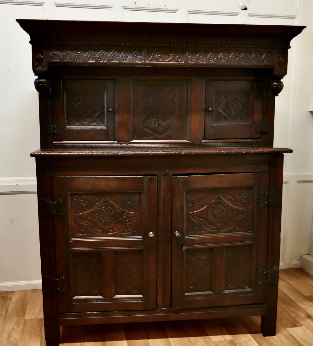 1696 French Carved Oak Court Cupboard, Cottage size Livery Cupboard 