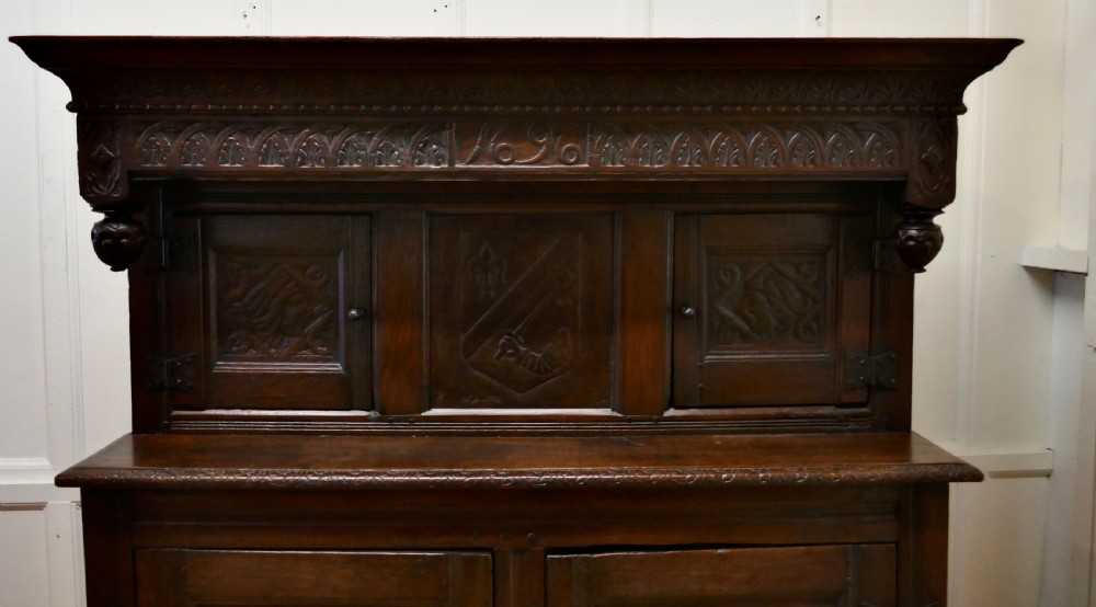 1696 French Carved Oak Court Cupboard, Cottage size Livery Cupboard  View II