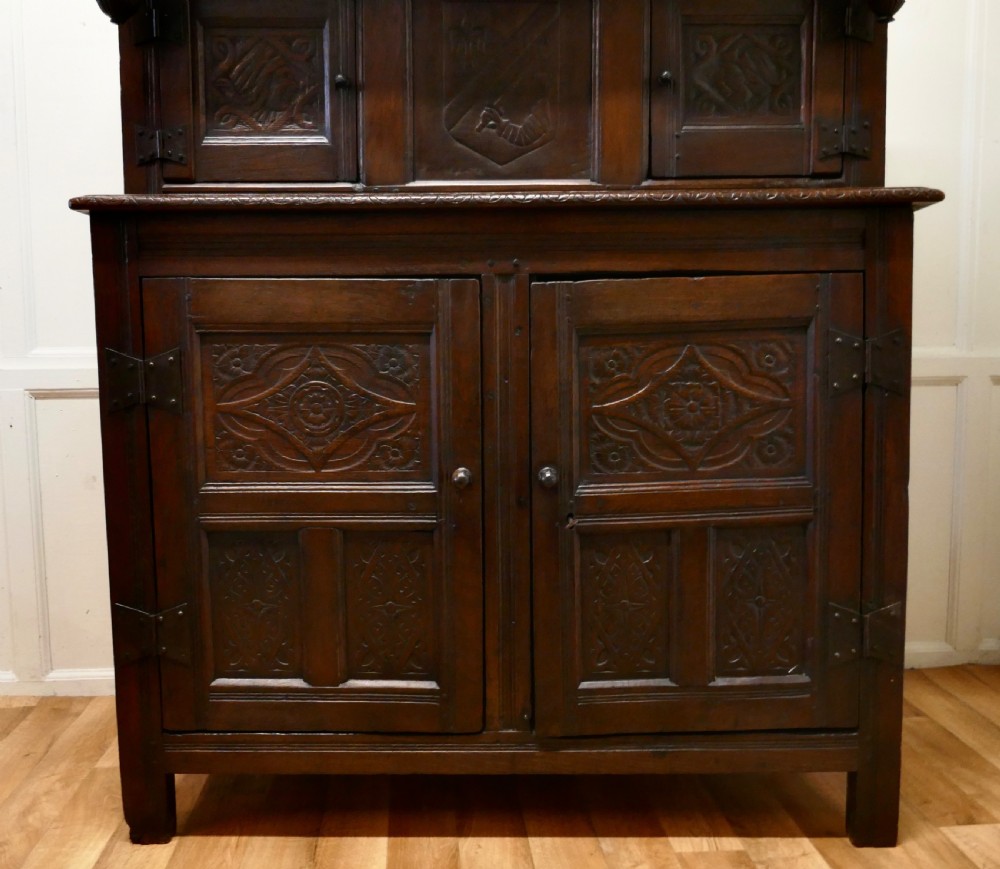 1696 French Carved Oak Court Cupboard, Cottage size Livery Cupboard  View III