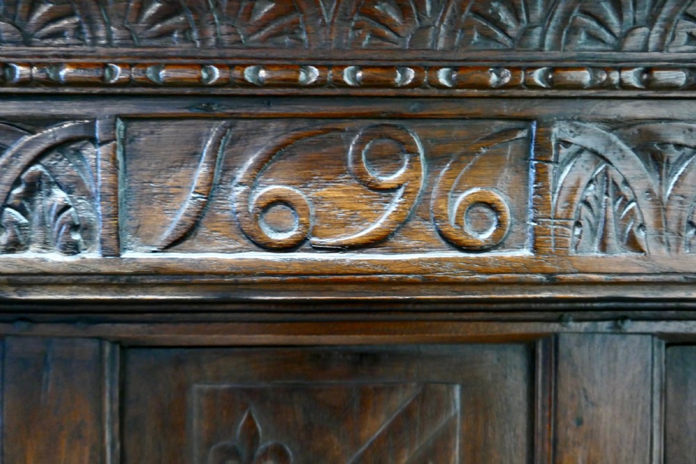 1696 French Carved Oak Court Cupboard, Cottage size Livery Cupboard  View V