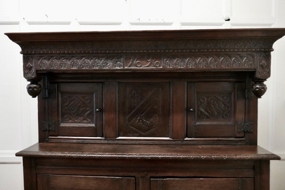 1696 French Carved Oak Court Cupboard, Cottage size Livery Cupboard  View VII