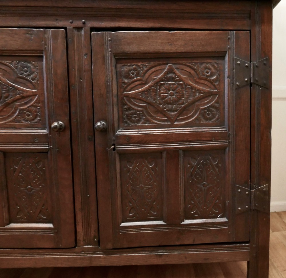 1696 French Carved Oak Court Cupboard, Cottage size Livery Cupboard  View XII