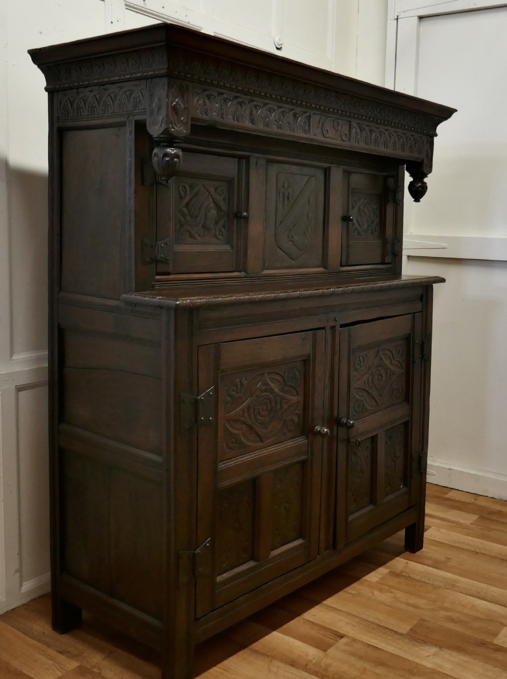 1696 French Carved Oak Court Cupboard, Cottage size Livery Cupboard  View XV