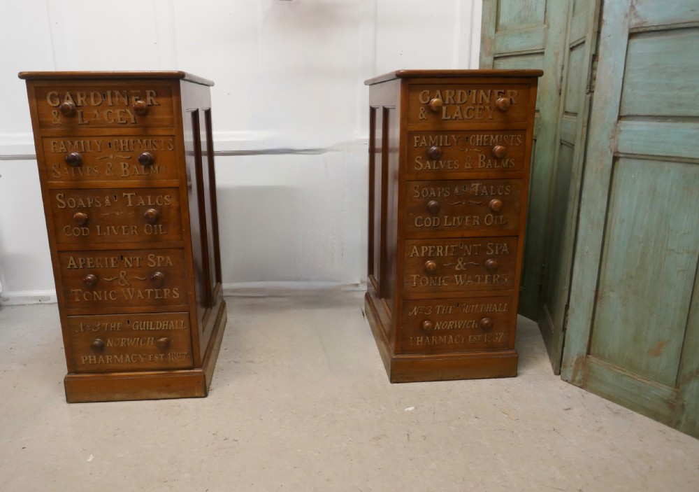 A tall Victorian pine chest featuring five drawers with turned wooden knobs and hand-painted gilt pharmacy lettering across each drawer front. View VI