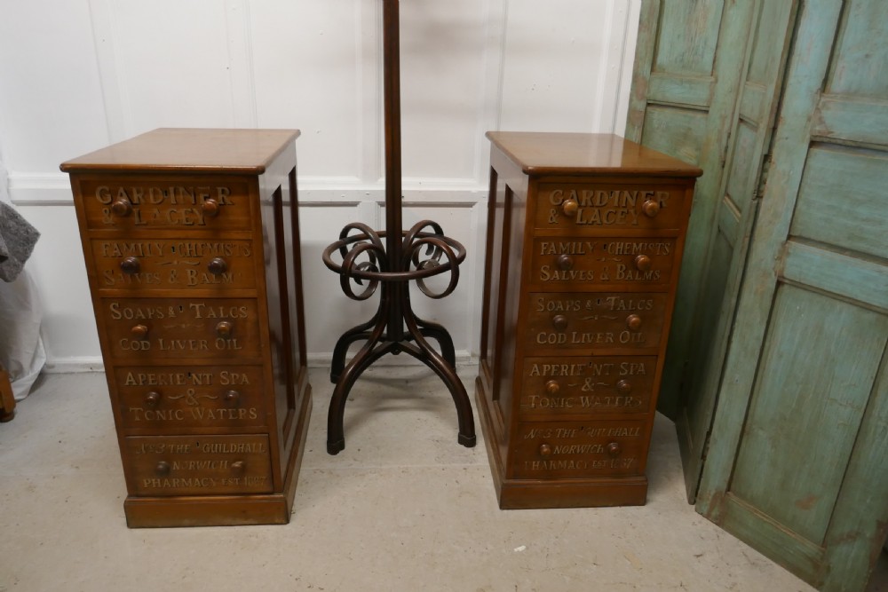 A tall Victorian pine chest featuring five drawers with turned wooden knobs and hand-painted gilt pharmacy lettering across each drawer front. View VII