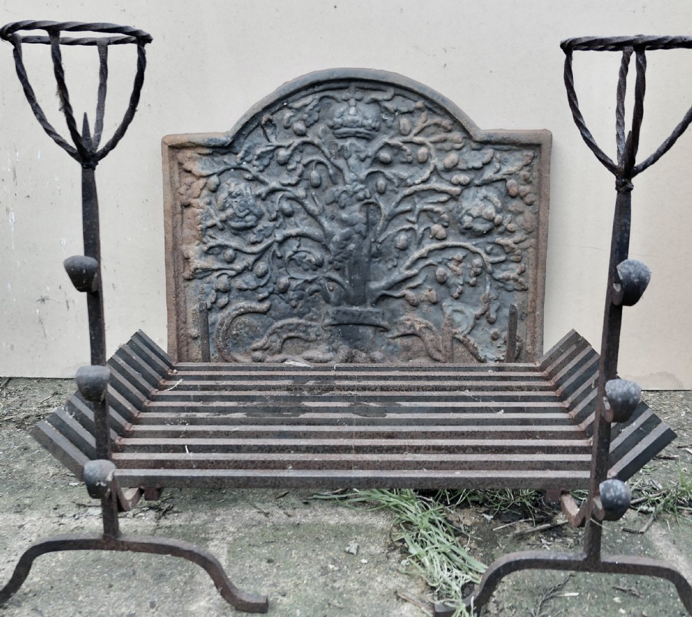  Large 18th Century Heavy Iron Fire Back, Andirons and Grate 