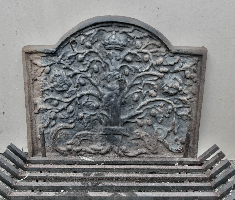  Large 18th Century Heavy Iron Fire Back, Andirons and Grate  View II