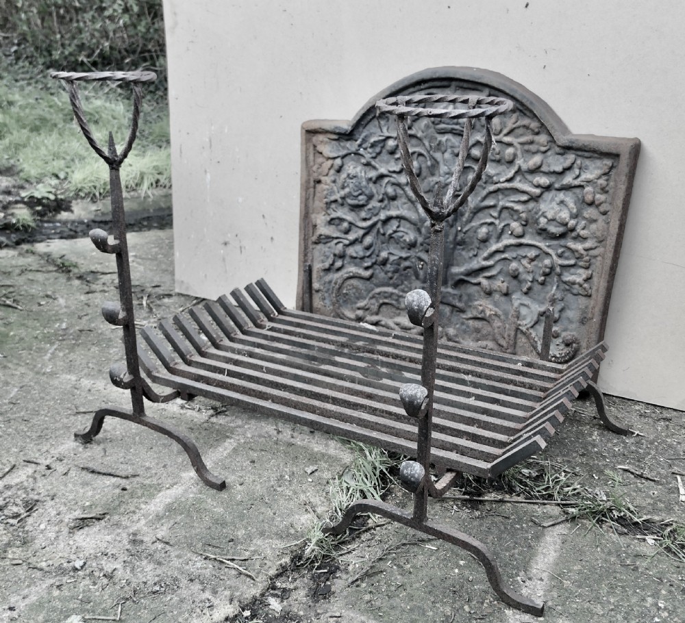  Large 18th Century Heavy Iron Fire Back, Andirons and Grate  View V