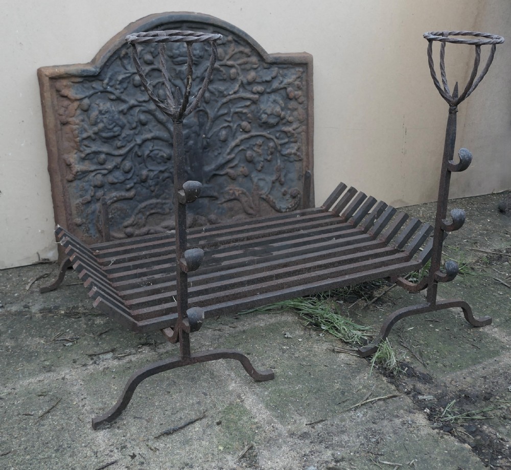  Large 18th Century Heavy Iron Fire Back, Andirons and Grate  View VII