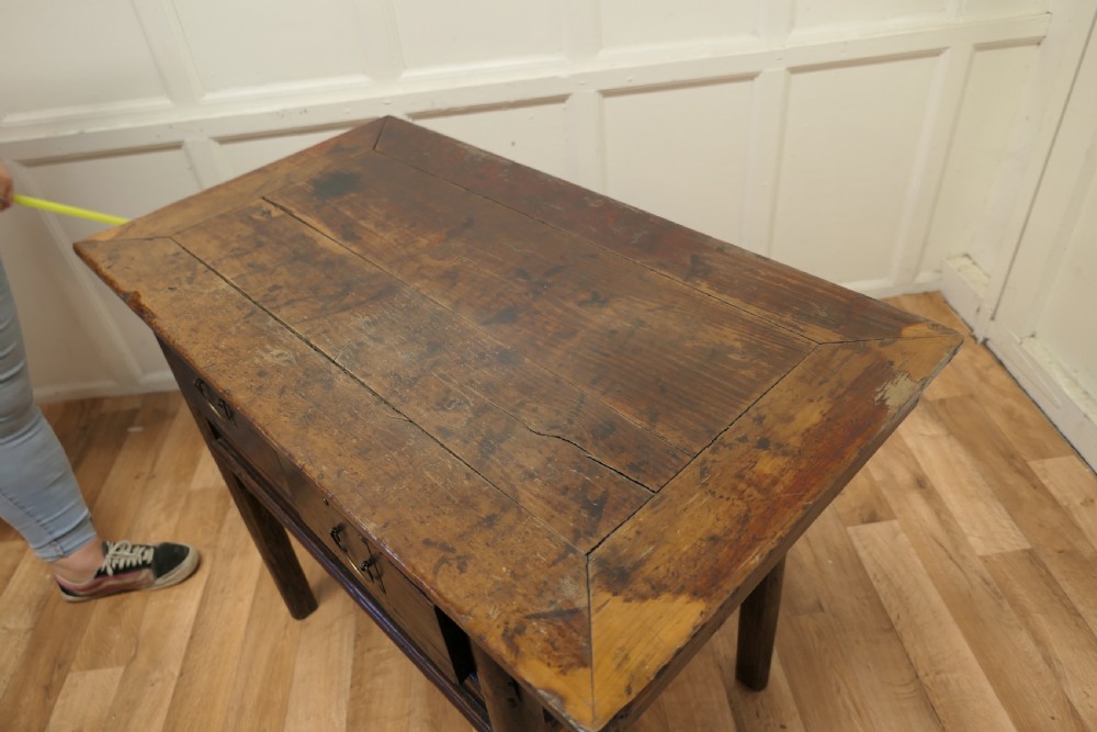 A dark brown lacquered wooden Chinese side table featuring two drawers with brass handles and straight legs. View VIII