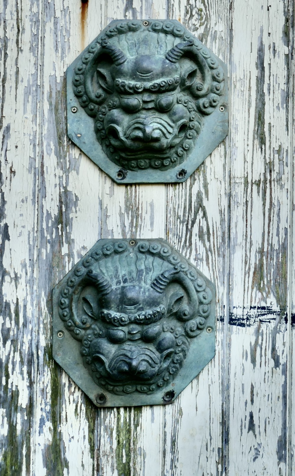 A pair of octagonal patinated bronze Chinese door plates featuring relief carvings of guardian lion heads with curled manes and horns.
