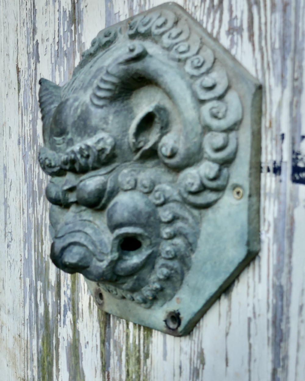 A pair of octagonal patinated bronze Chinese door plates featuring relief carvings of guardian lion heads with curled manes and horns. View X