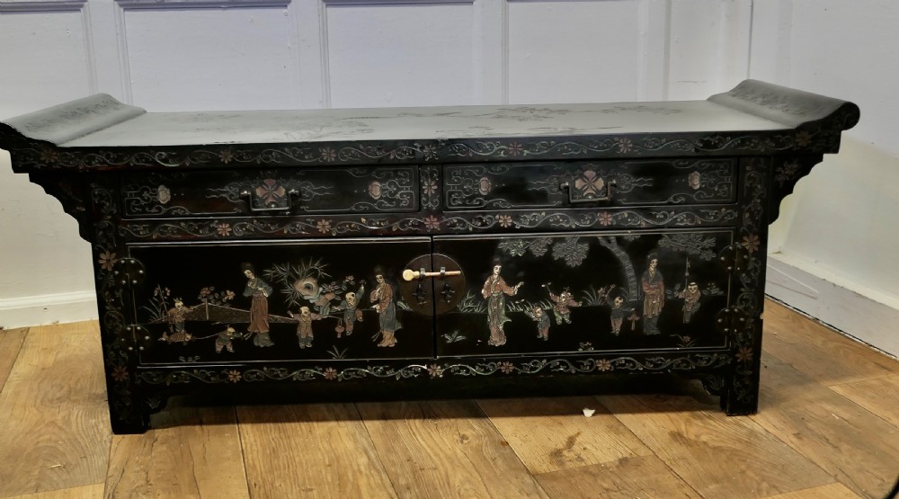 Black Lacquer Chinoiserie Low Cabinet