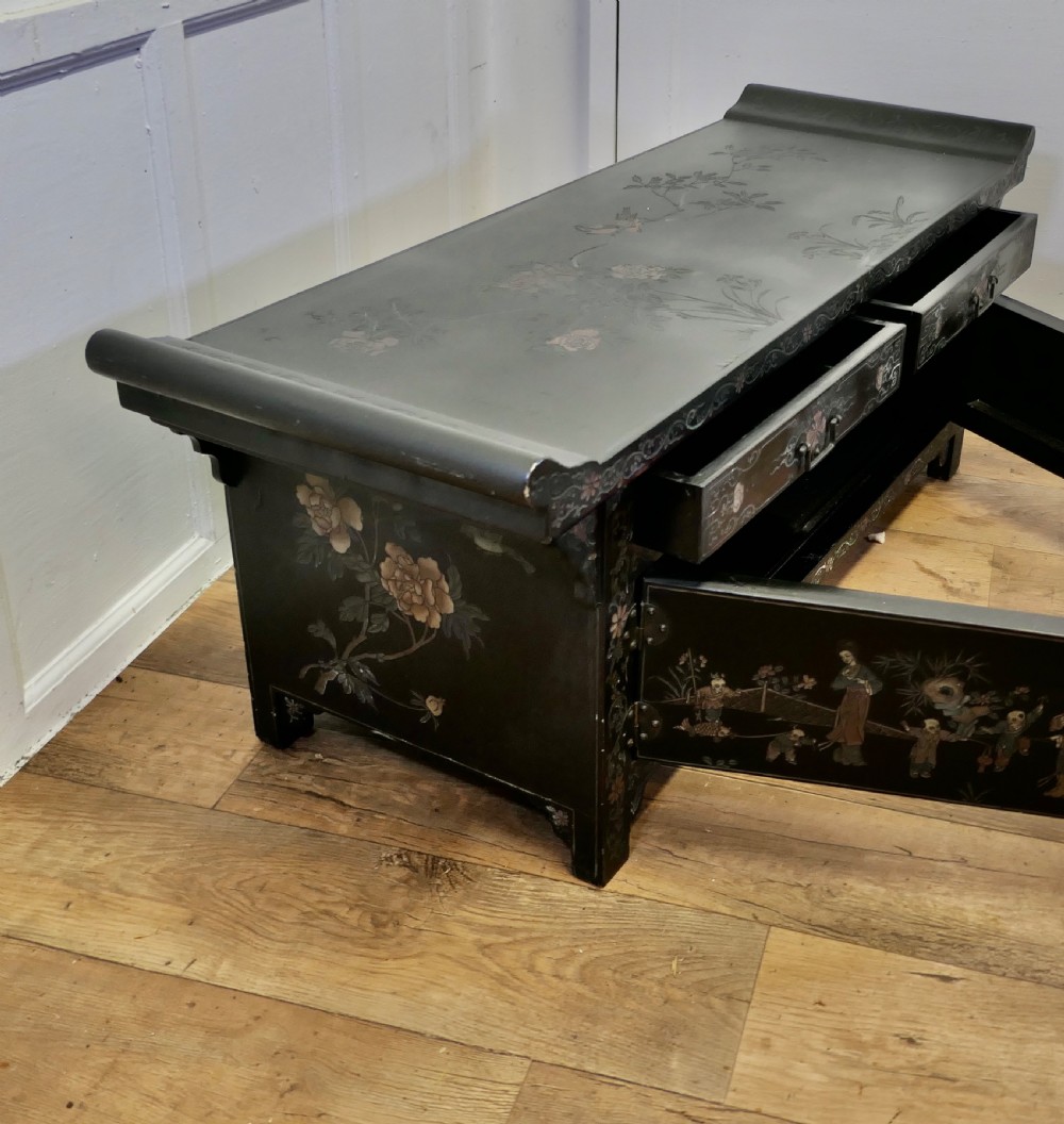 Black Lacquer Chinoiserie Low Cabinet View II