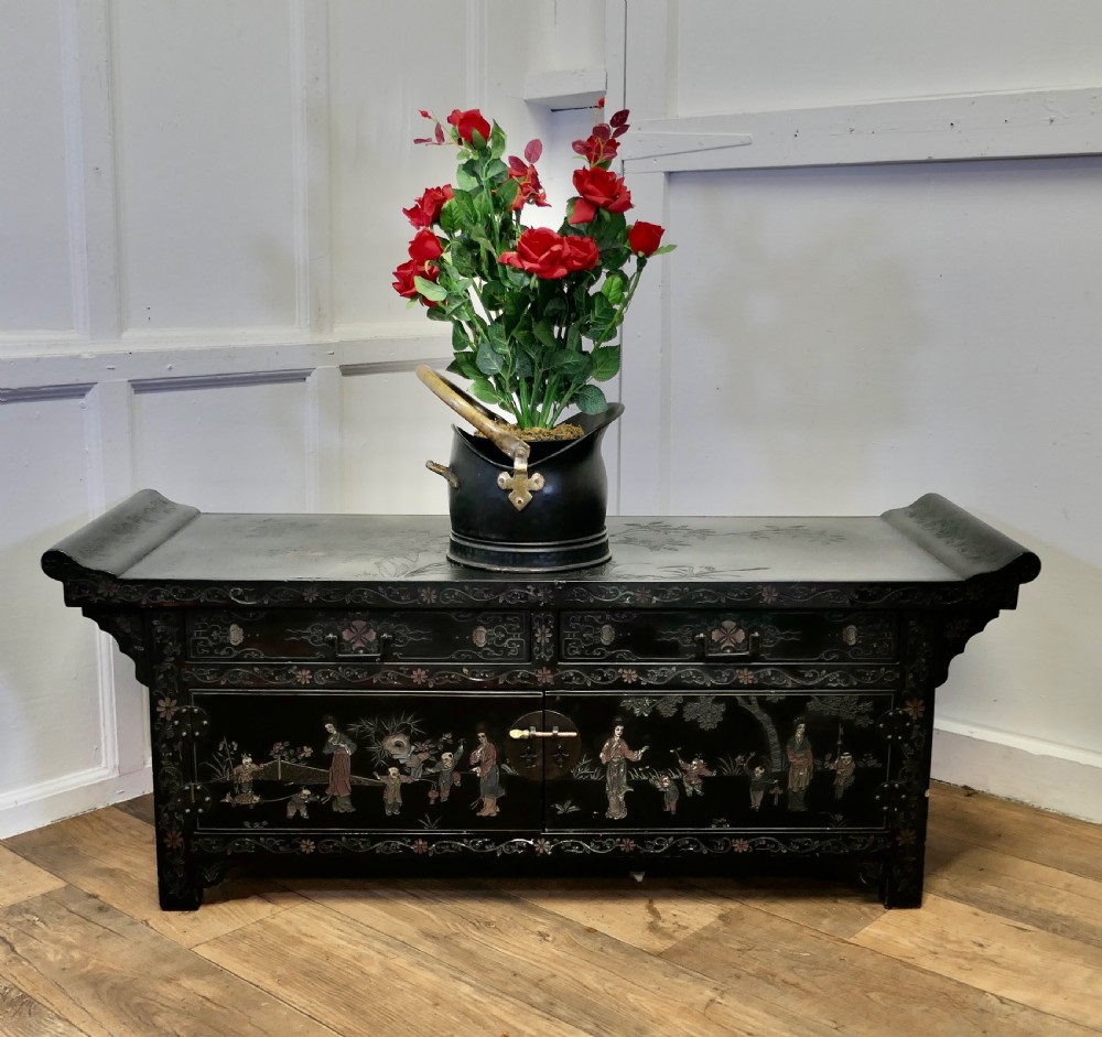 Black Lacquer Chinoiserie Low Cabinet View X