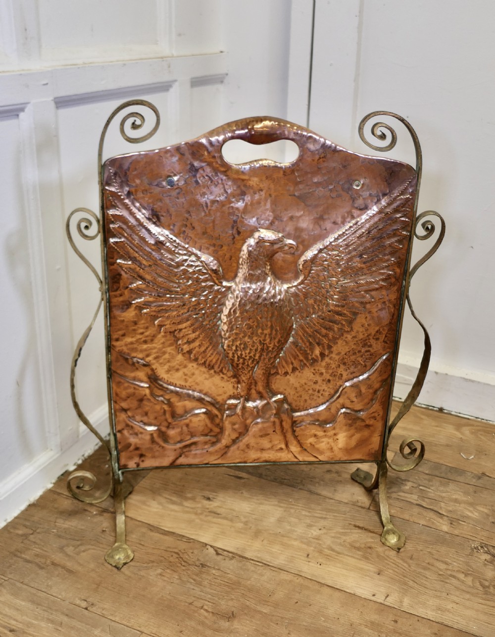 Arts and Crafts Phoenix Eagle Copper and Brass Fire Screen View IV