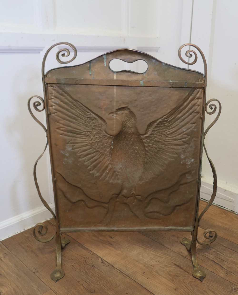 Arts and Crafts Phoenix Eagle Copper and Brass Fire Screen View V