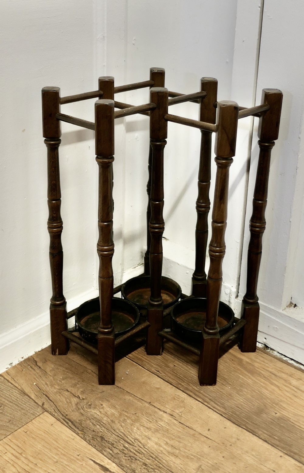 A Turned Beech Corner Stick and Umbrella Stand